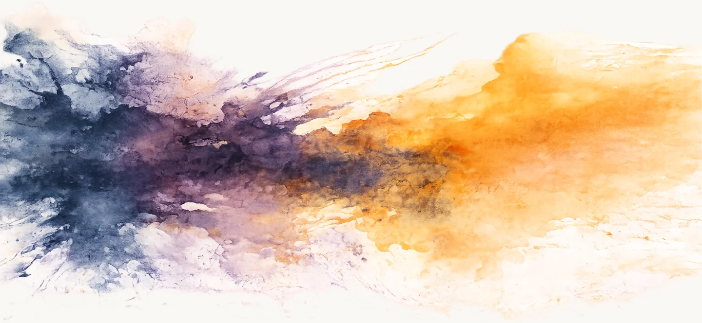 Watercolor flowing from dark ink through purple into gold